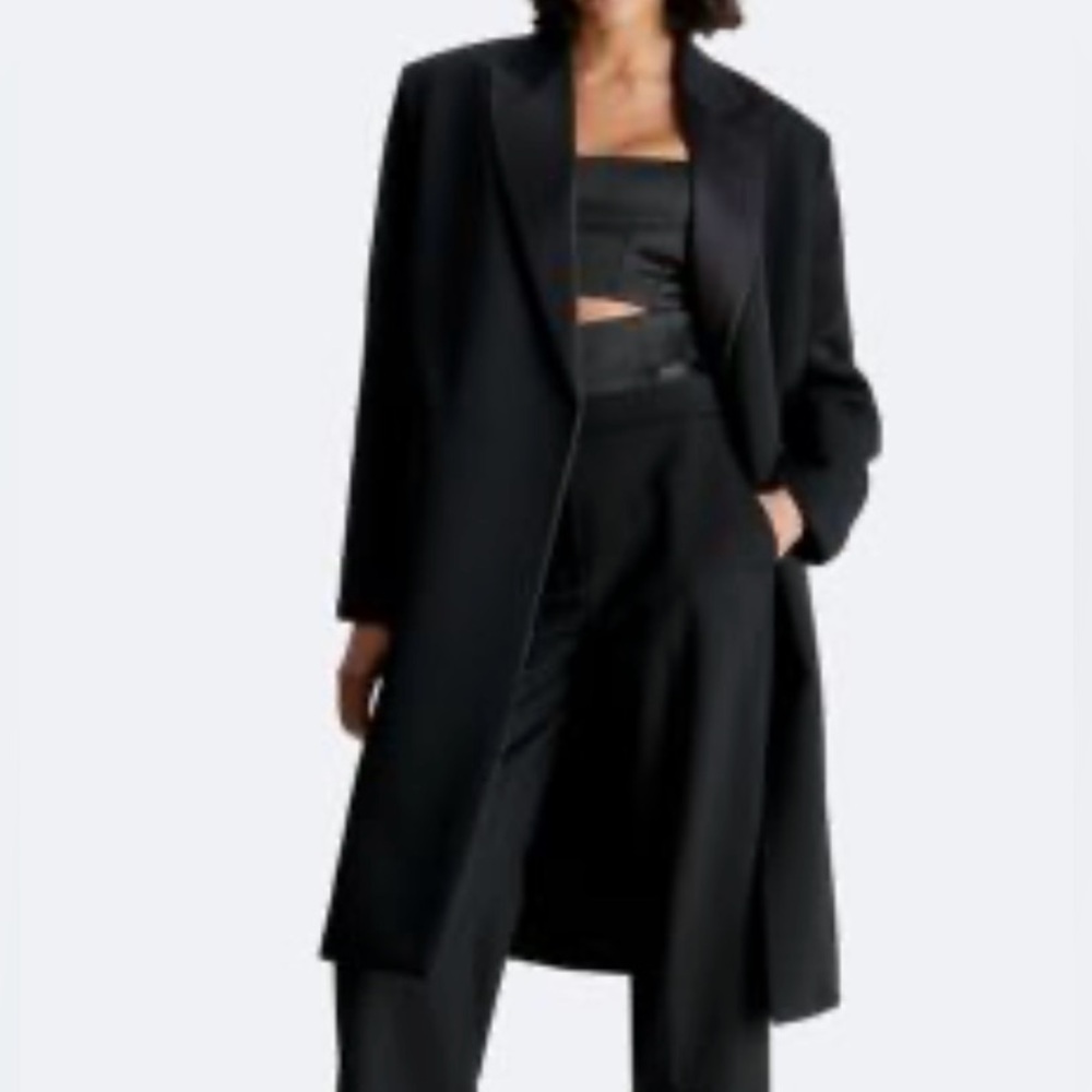 Calvin Klein Tuxedo Satin Wool Button Front Blazer Jacket Coat Black Size 8 - Picture 3 of 11